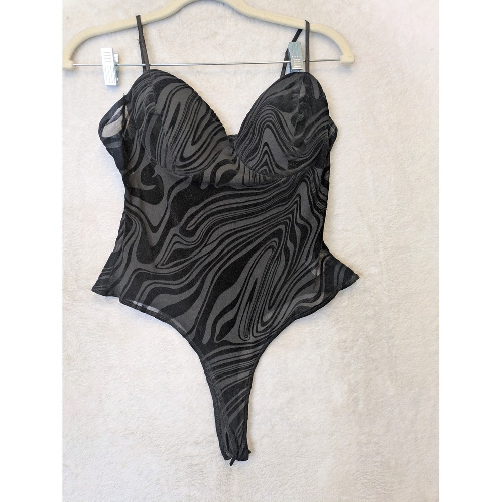 Windsor Bodysuit Women's L Black Swirl Mesh Sheer Bustier